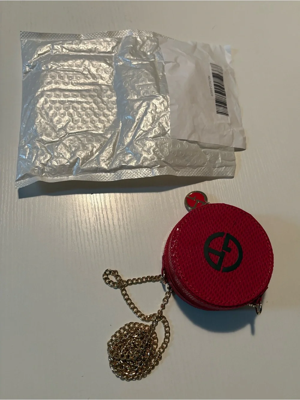 Giorgio Armani Red Round Cosmetic Case with Crossbody Chain NWOT